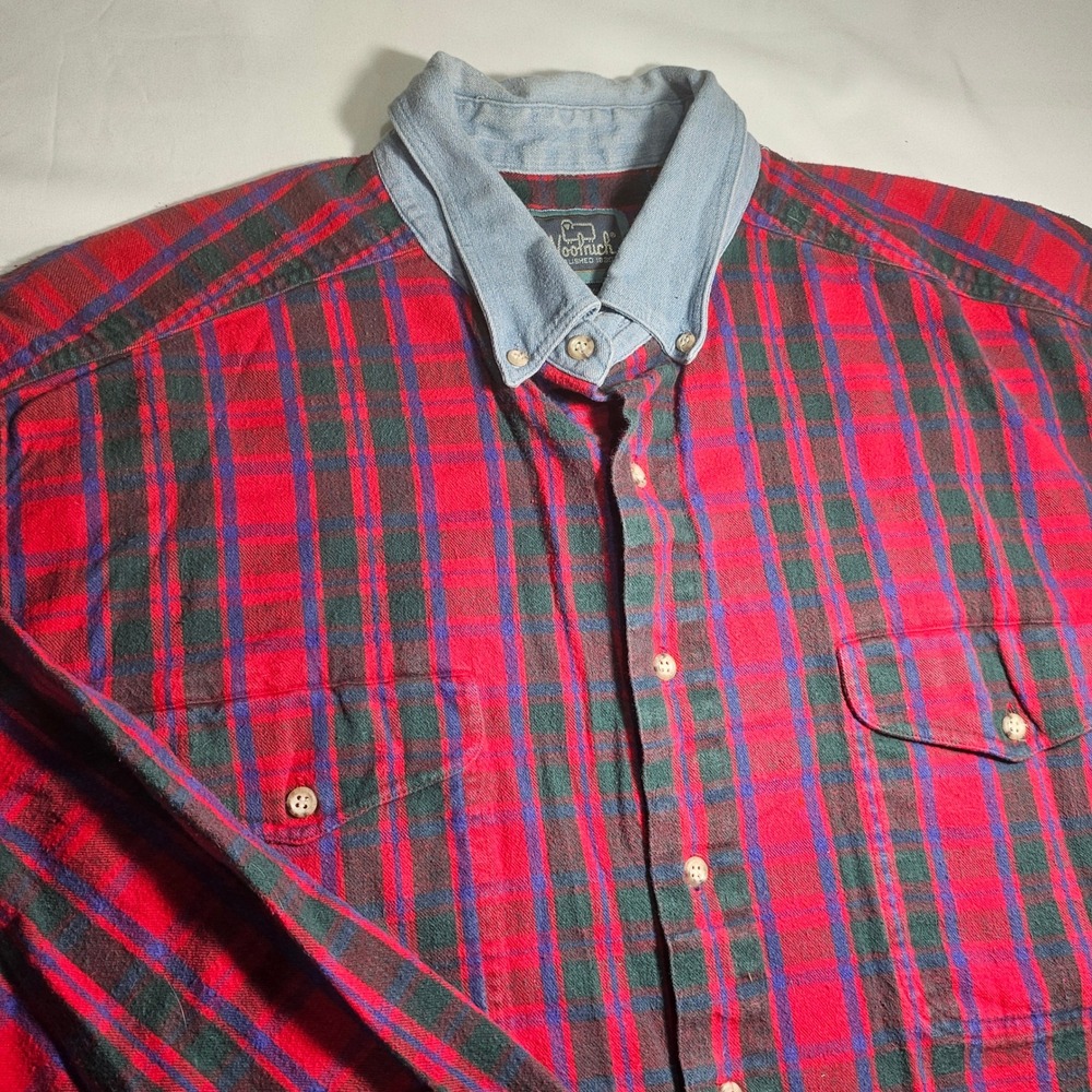 Woolrich Mens XL Red Green Plaid Flannel Shirt Denim Collar Button Down 2718